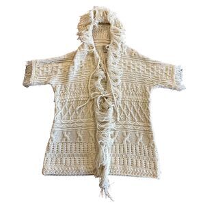 Vintage Les Tricots Knit‎ Cardigan Women's Medium Wool Blend Cream Open Fringe